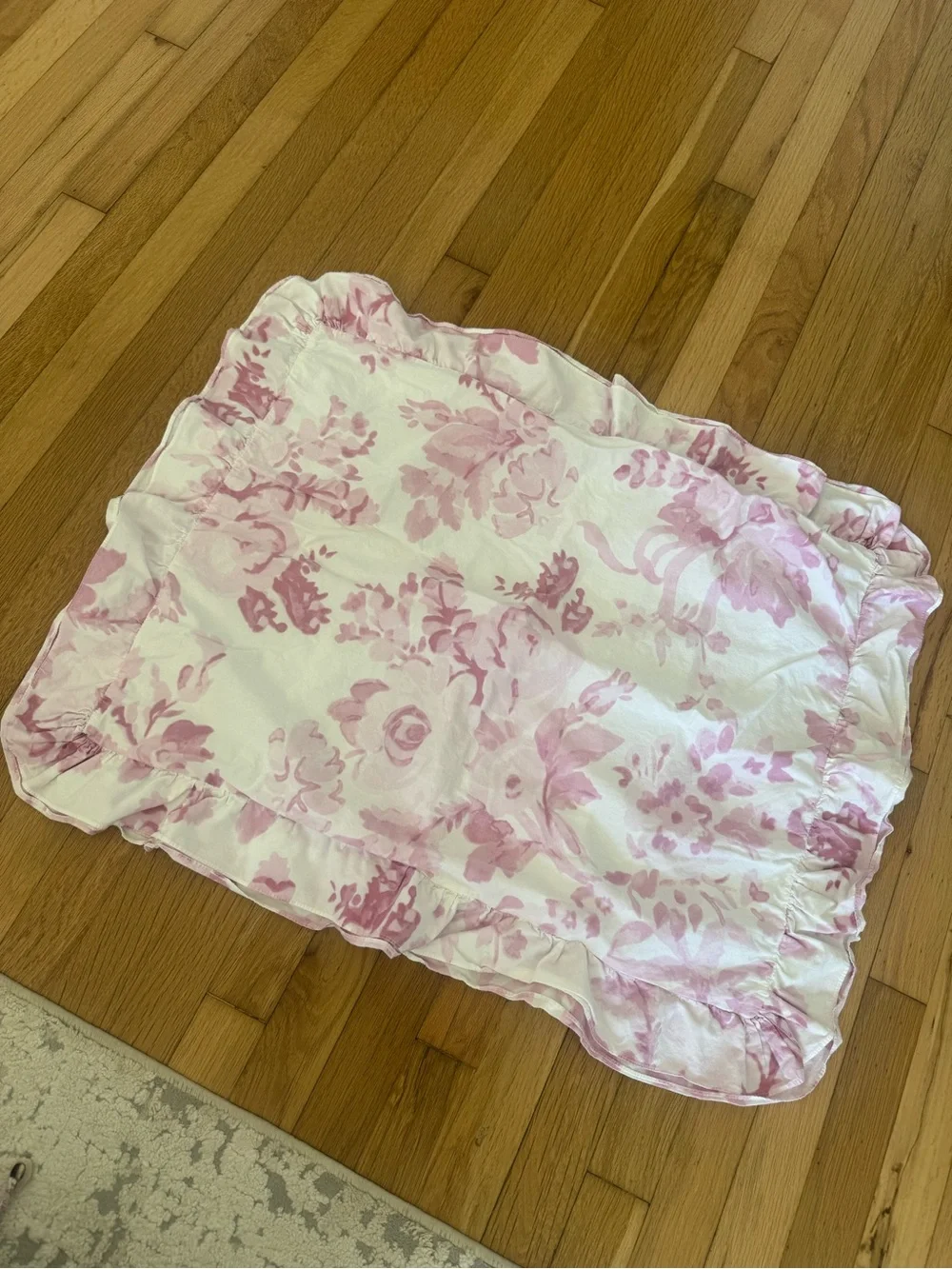 LoveShackFancy Pink & White Damask Floral Standard Ruffle Sham Pillow Case